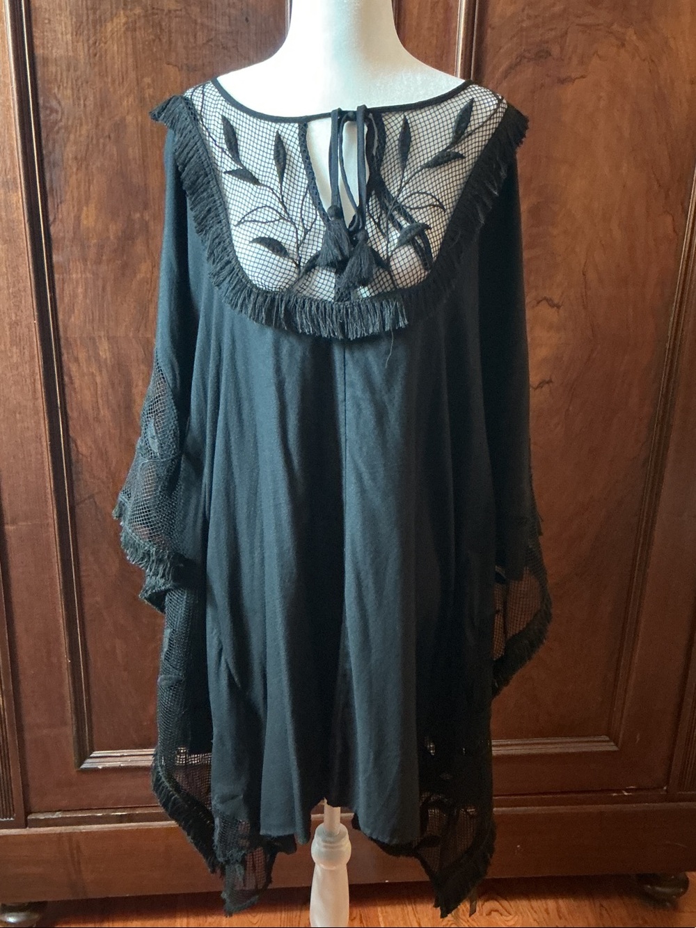 Anthropologie Black Mesh Fringe Swim Coverup